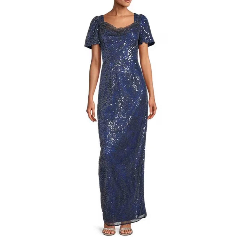JS Collections Navy Blue Sequin Evening Gown
